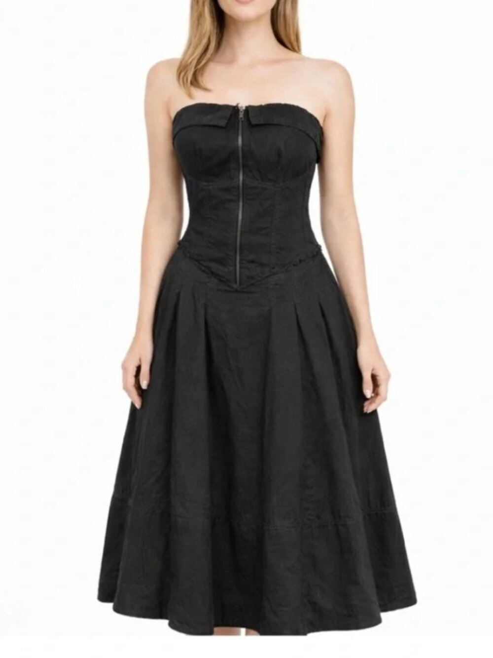 Pilcro Strapless Black A-Line Midi Dress with Structured Bodice XSP